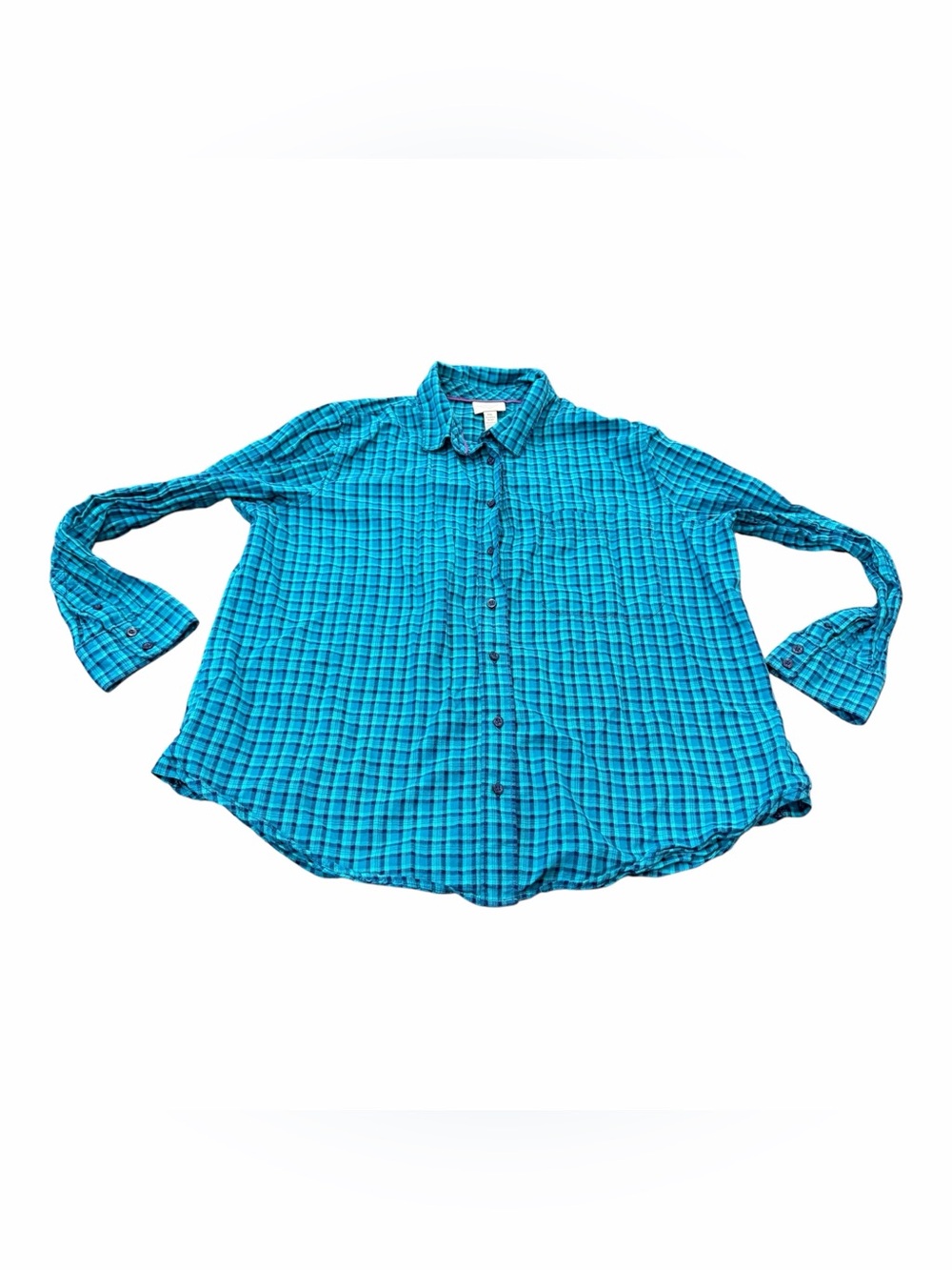 St Johns Bay Women's Plaid Check Button Down Shirt Teal Navy, Size Petite XL